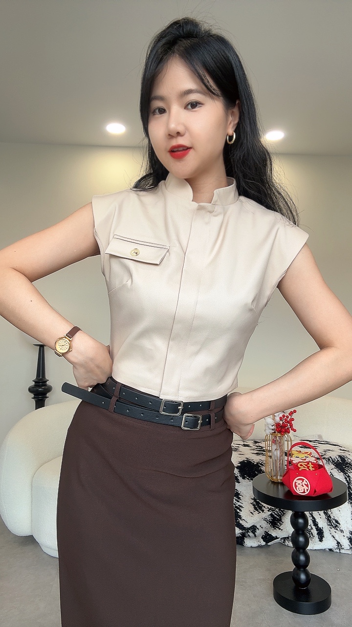 帅气隐藏拉链直角哑面Top