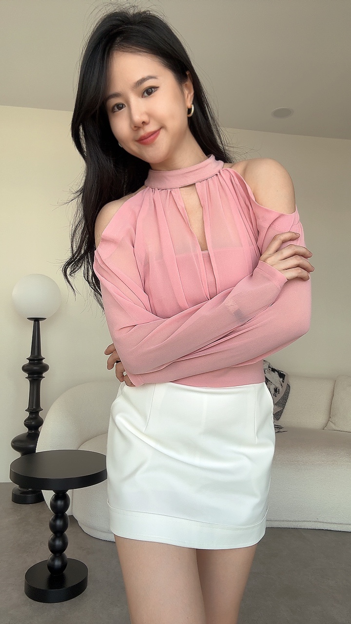 雪纺两件式漏肩长袖上衣