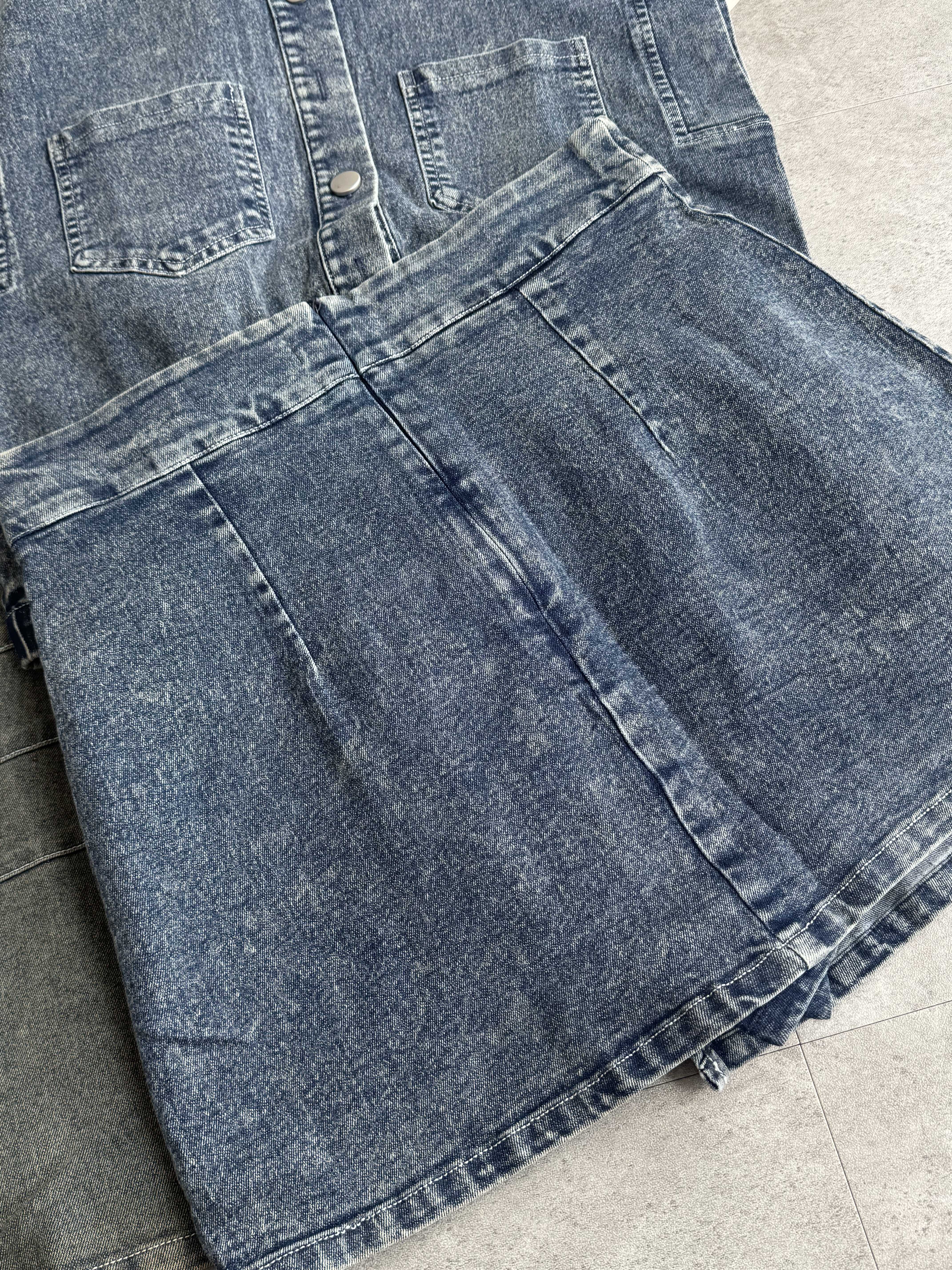 直角肩牛仔短裙套装