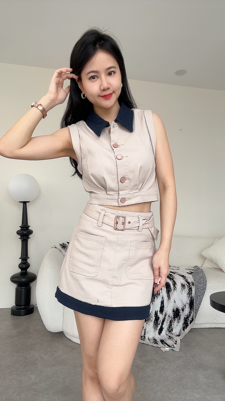 拼色牛仔卷袖套装-腰带