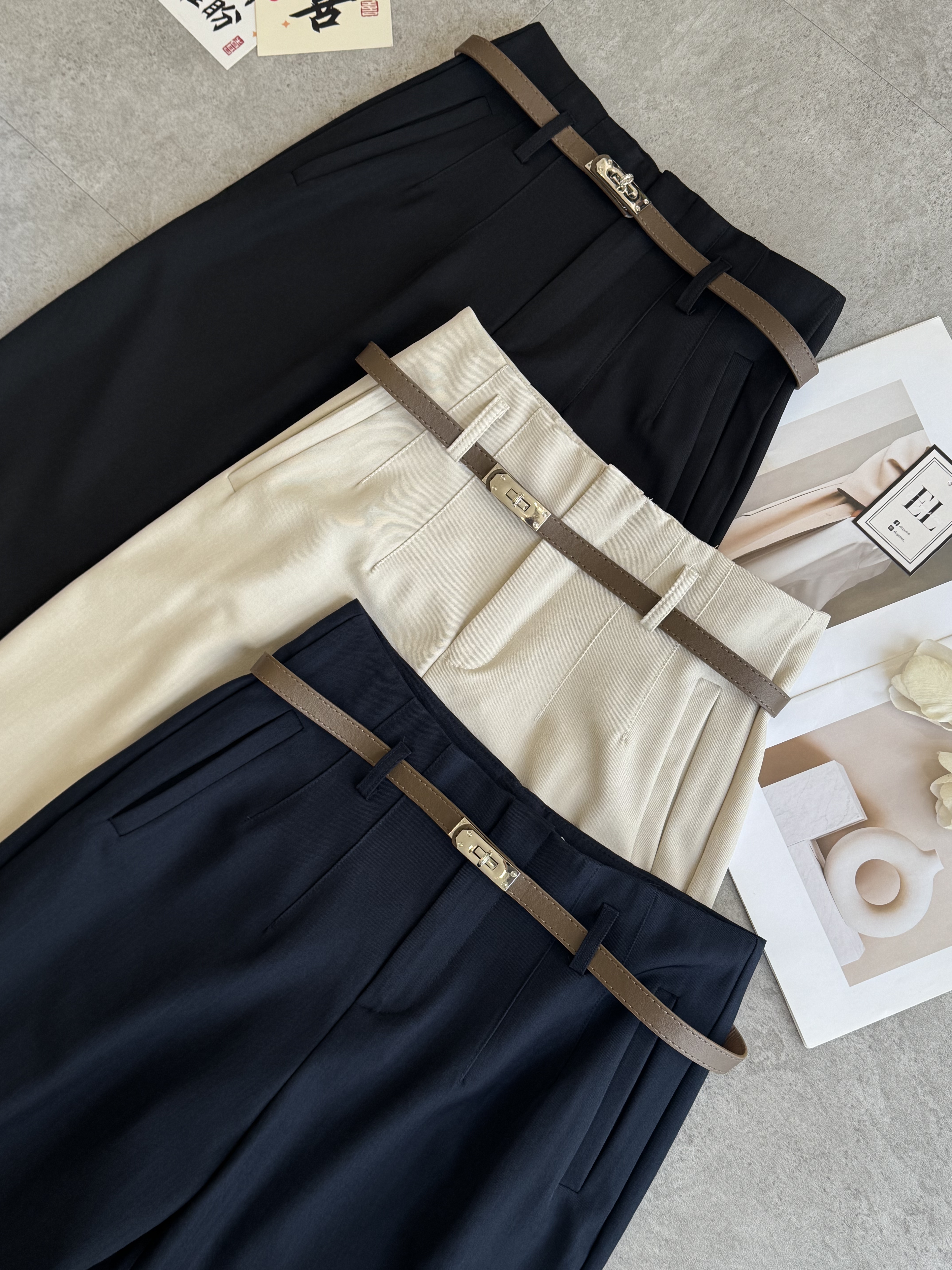 爱马皮带高腰西裤