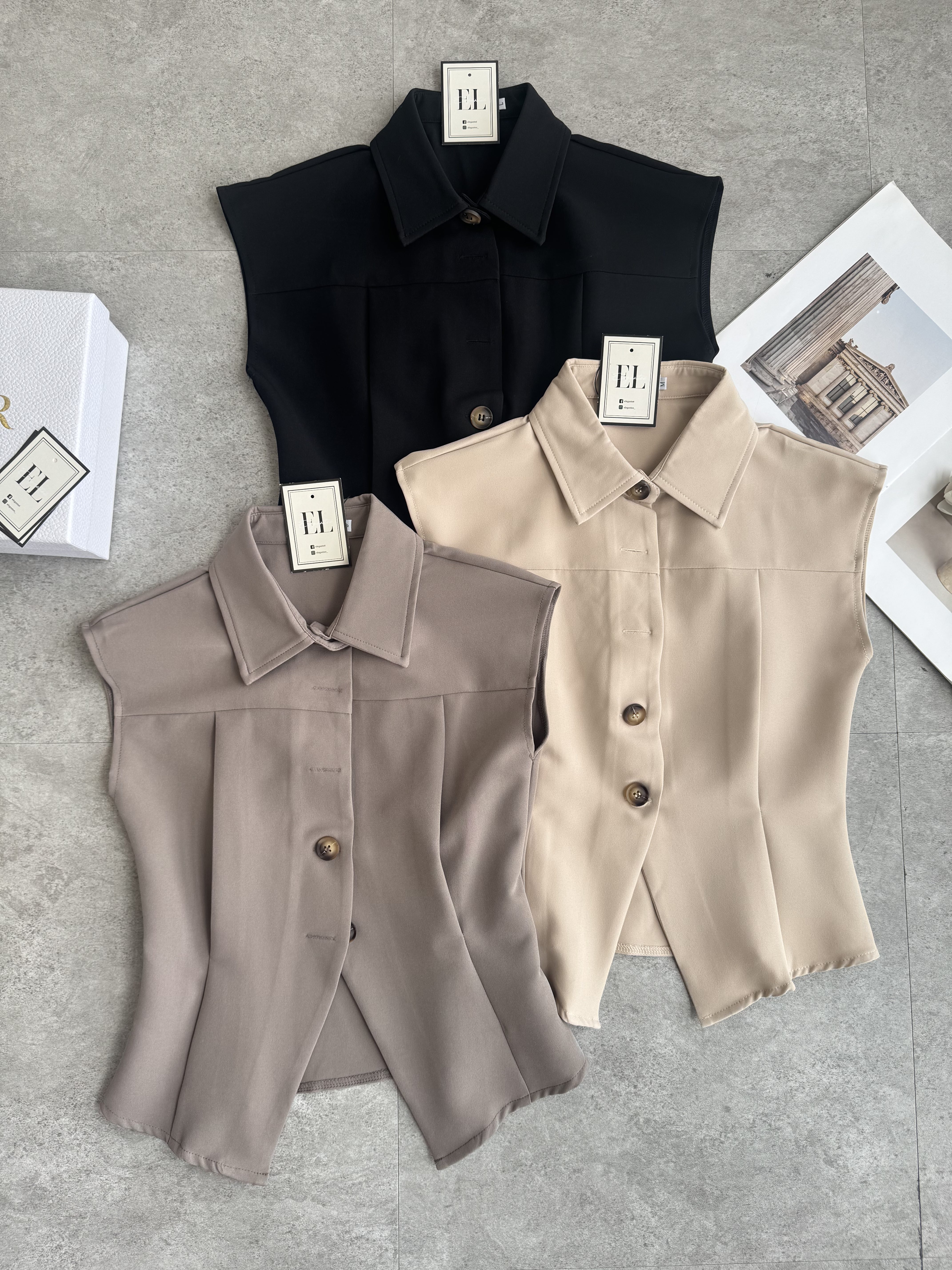 琥珀钮修身无袖上衣