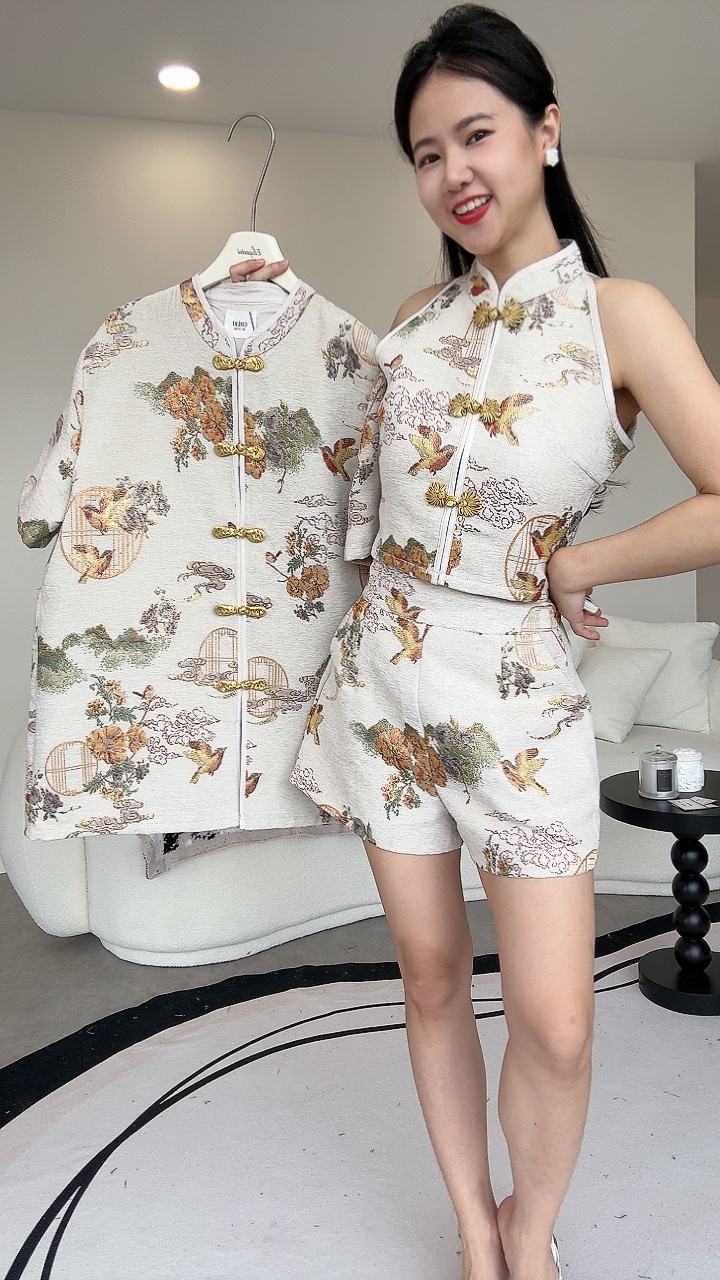 （情侣-男）金扣如意短裤旗袍套装