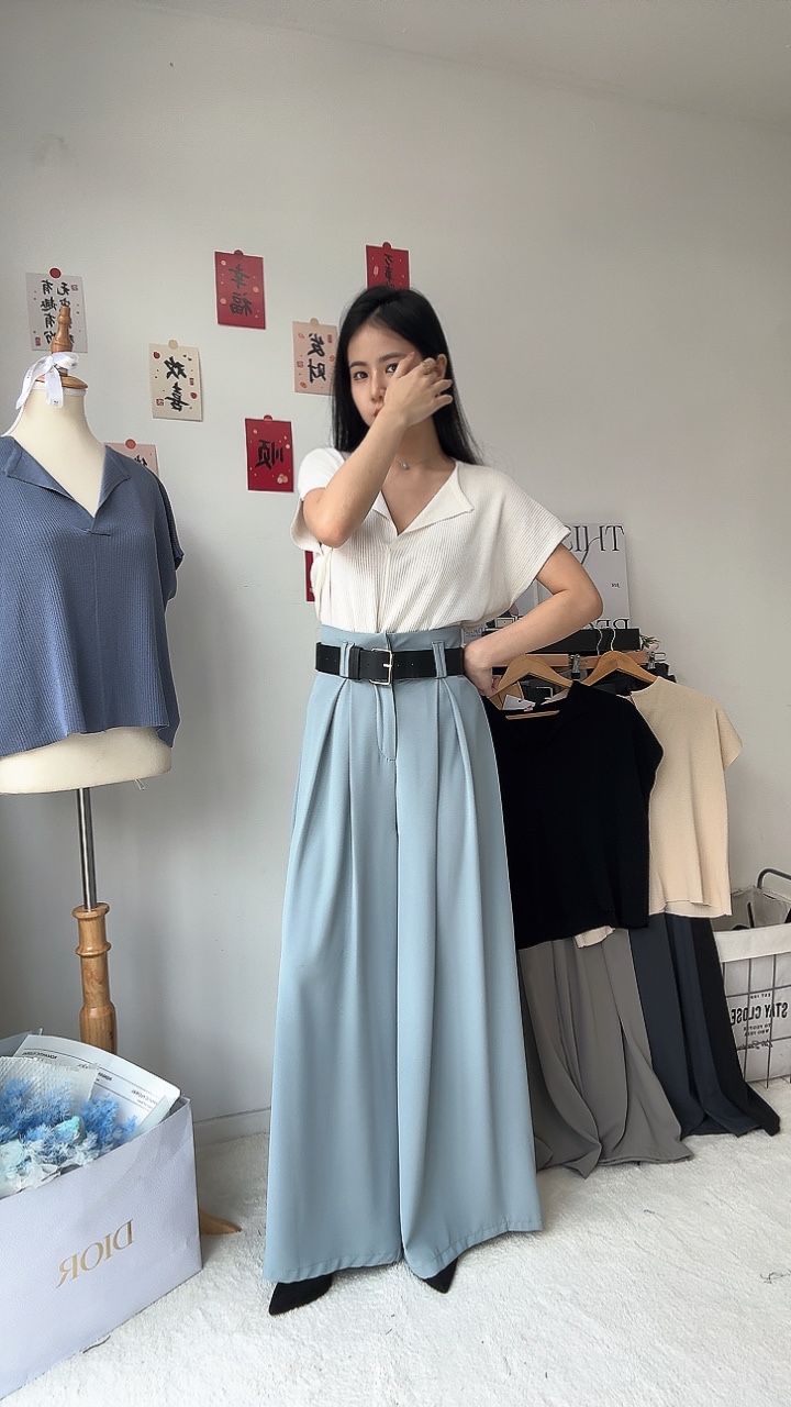 滑面高开褶阔腿裤-附送腰带