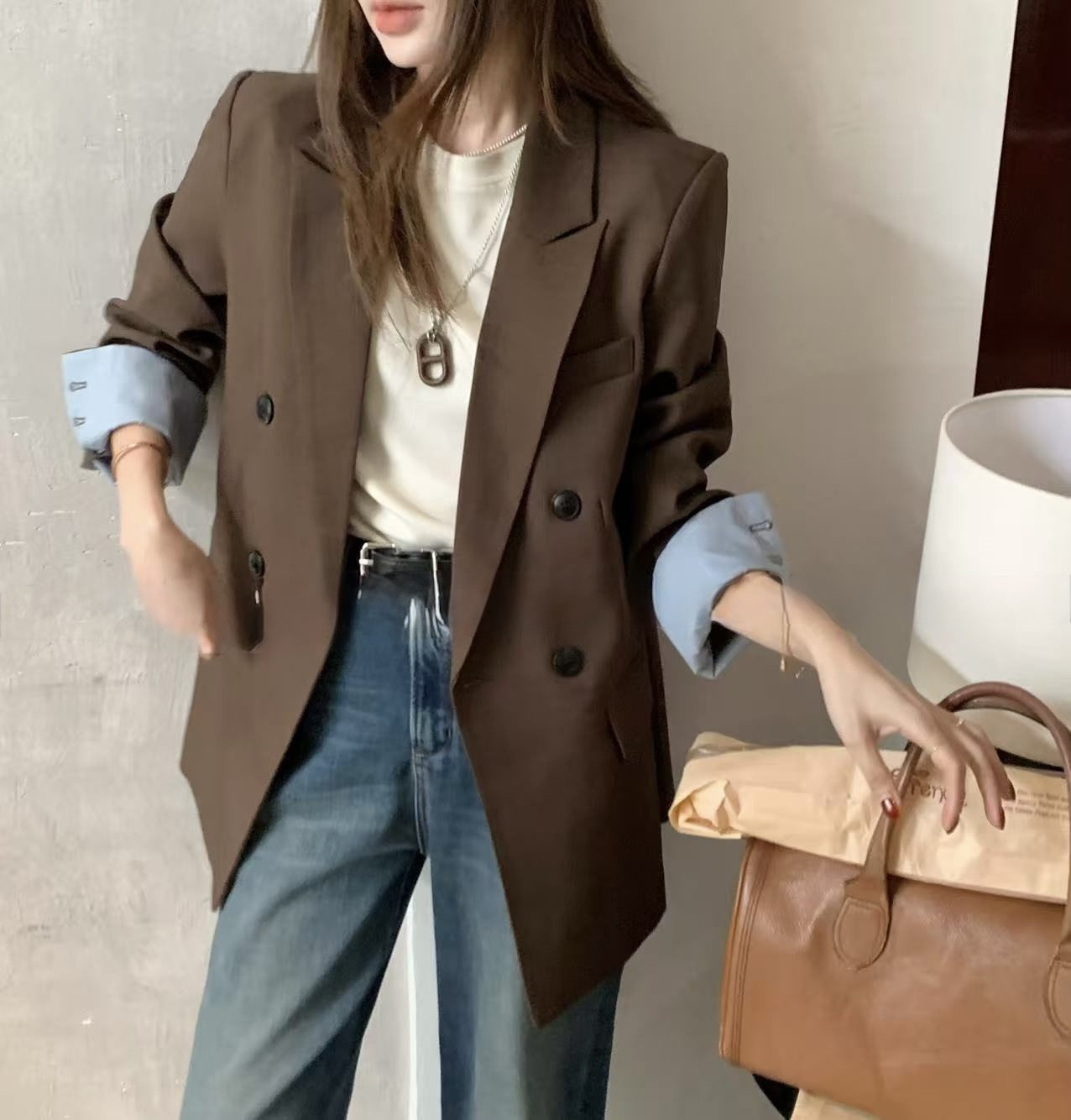 韩系oversize 拼色袖长版西装外套（小垫肩）