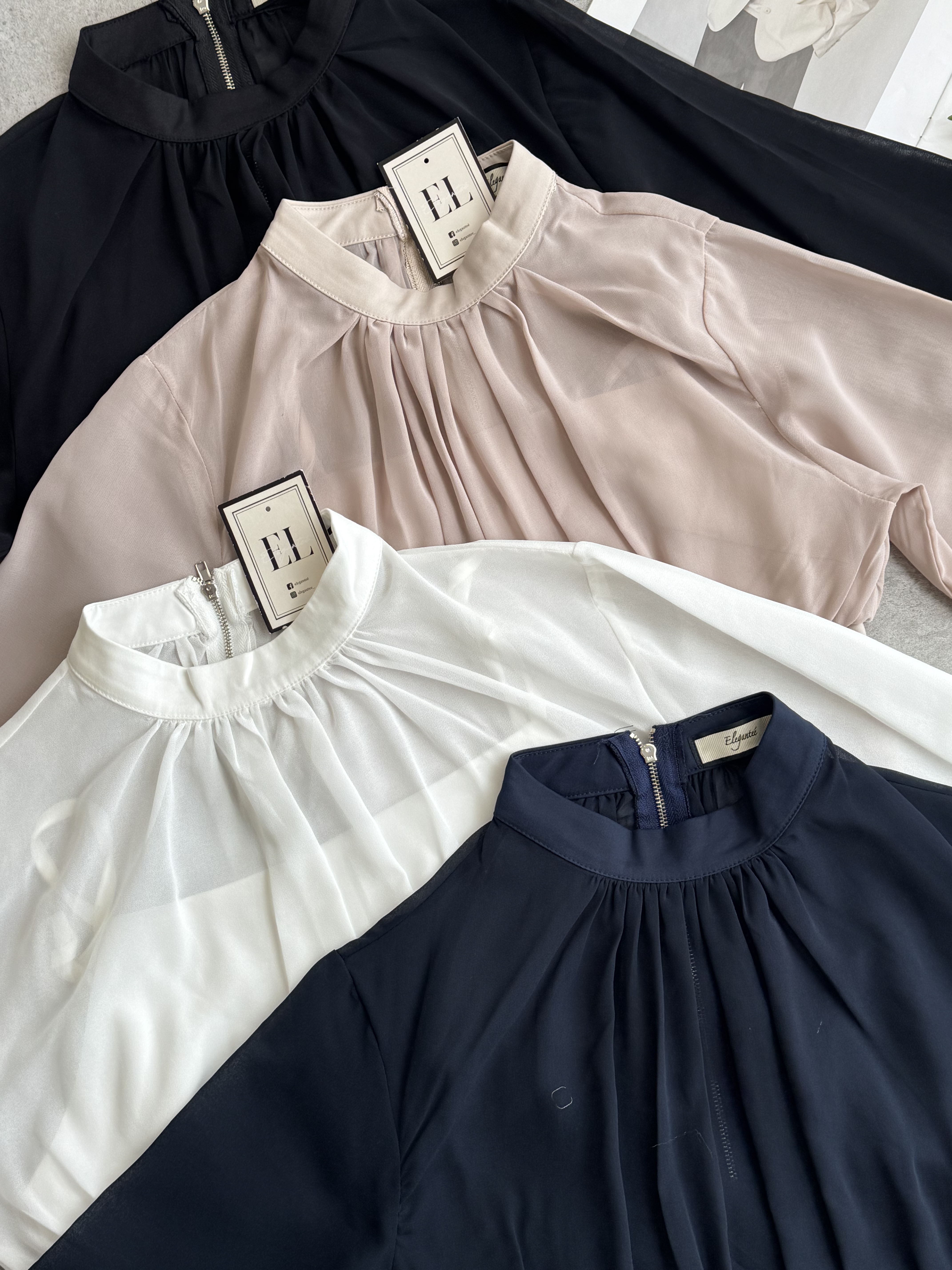 法式皱褶领雪纺长袖Top