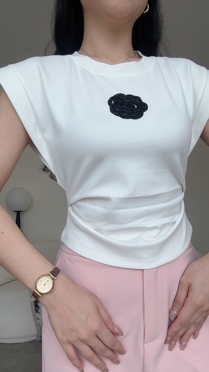直角厚棉收腰玫瑰珠珠花Top