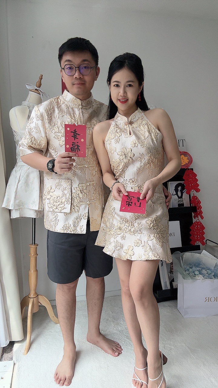 （情侣-女）金边绣旗袍挂脖短袖套装
