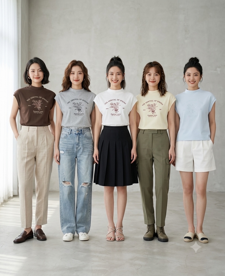 落肩袖贴脖领文字Tee