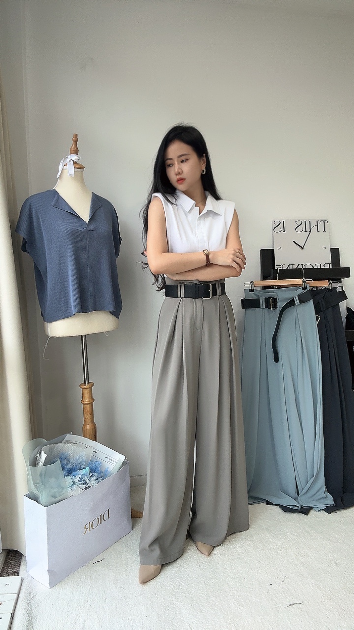 滑面高开褶阔腿裤-附送腰带