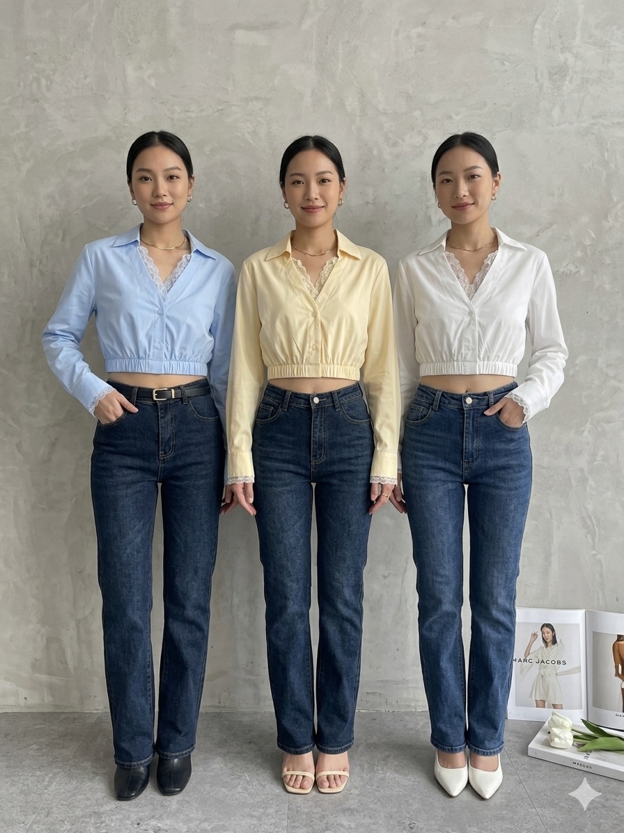 NEW蕾丝边短版衬衫