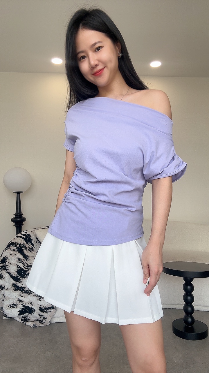 一字领小短袖腰间抽绳Top