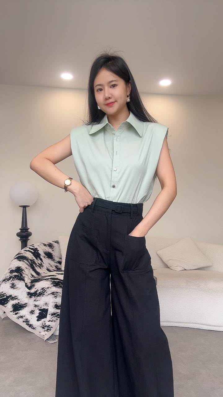 梭织垫肩方扣衬衫