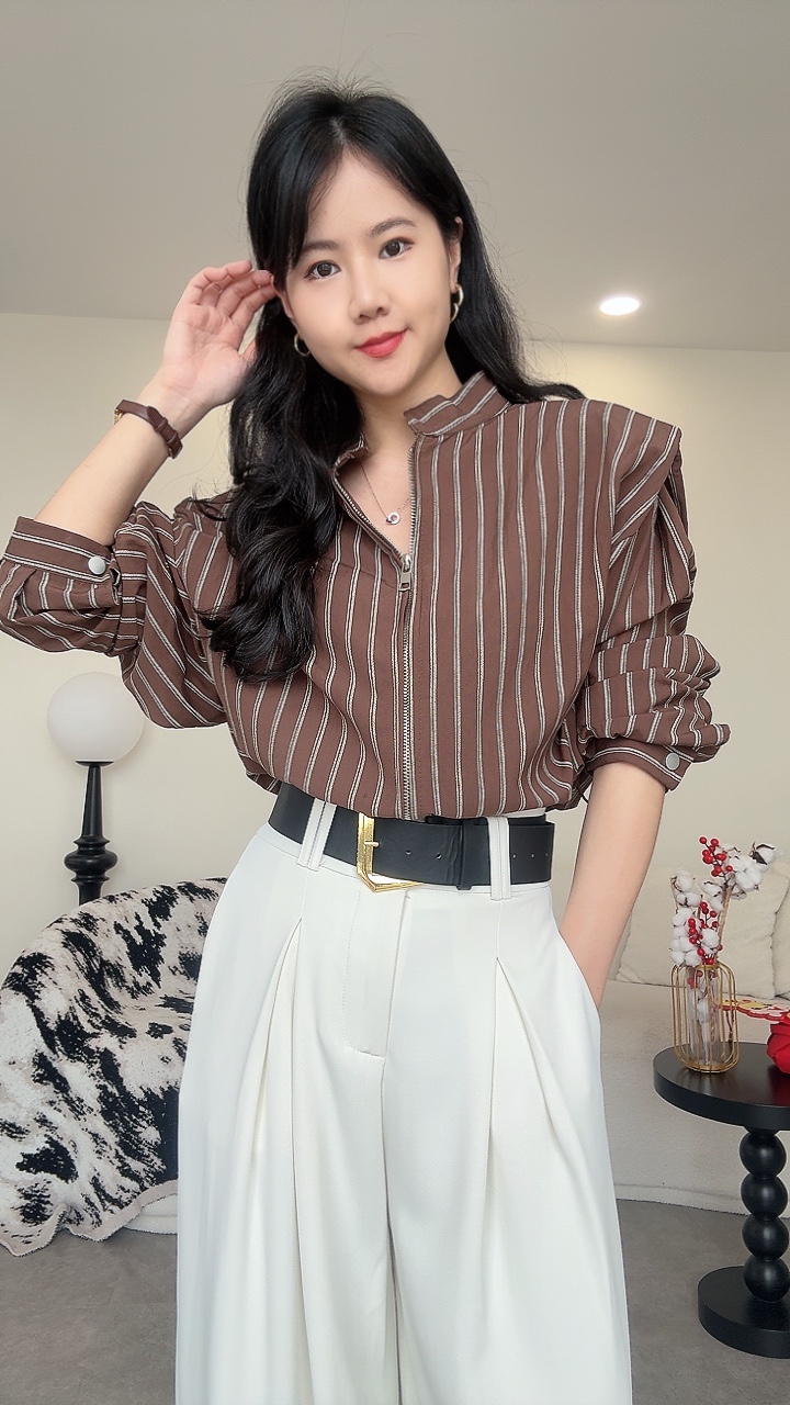 大女主垫肩松紧带长袖拉链衬衫