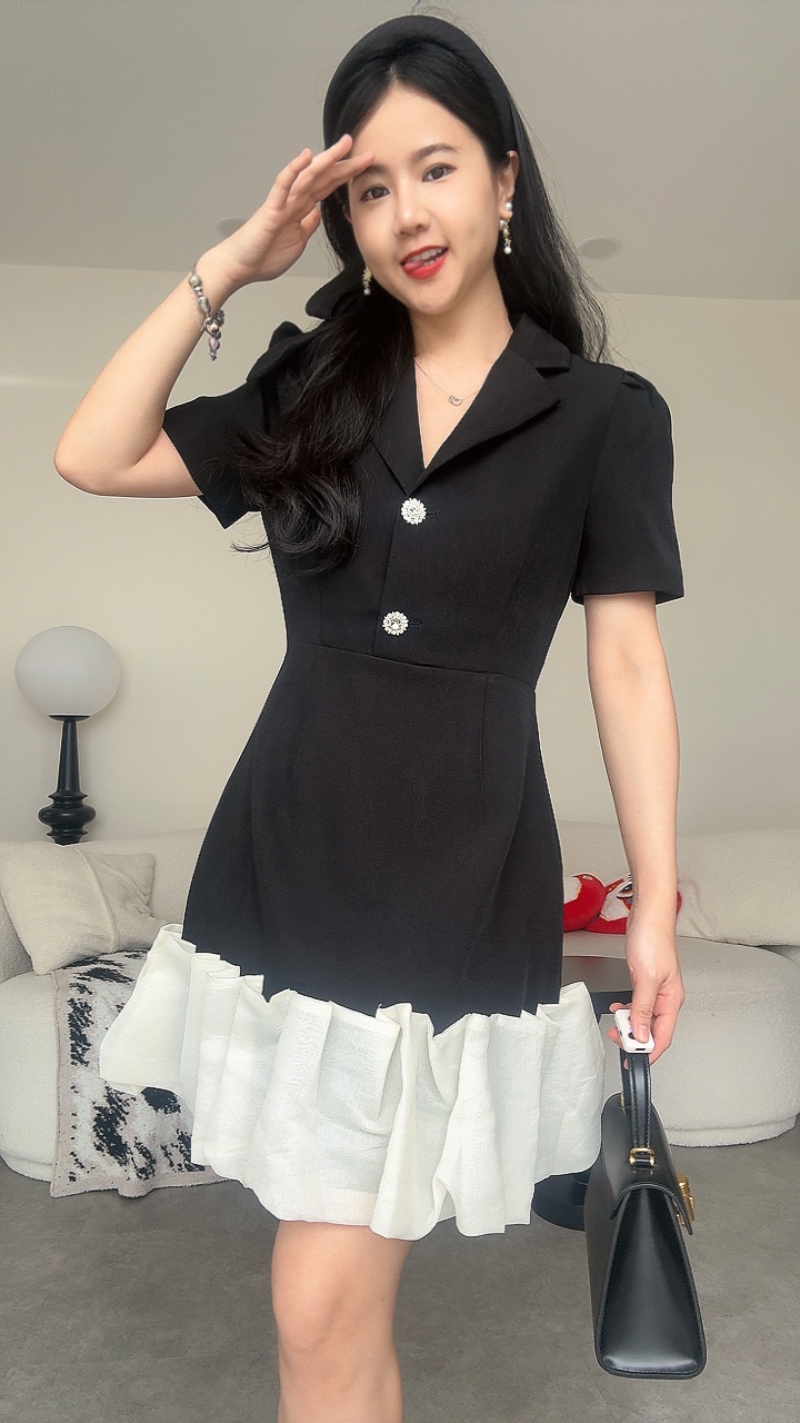 名媛水晶百褶纱尾短袖Dinner Dress