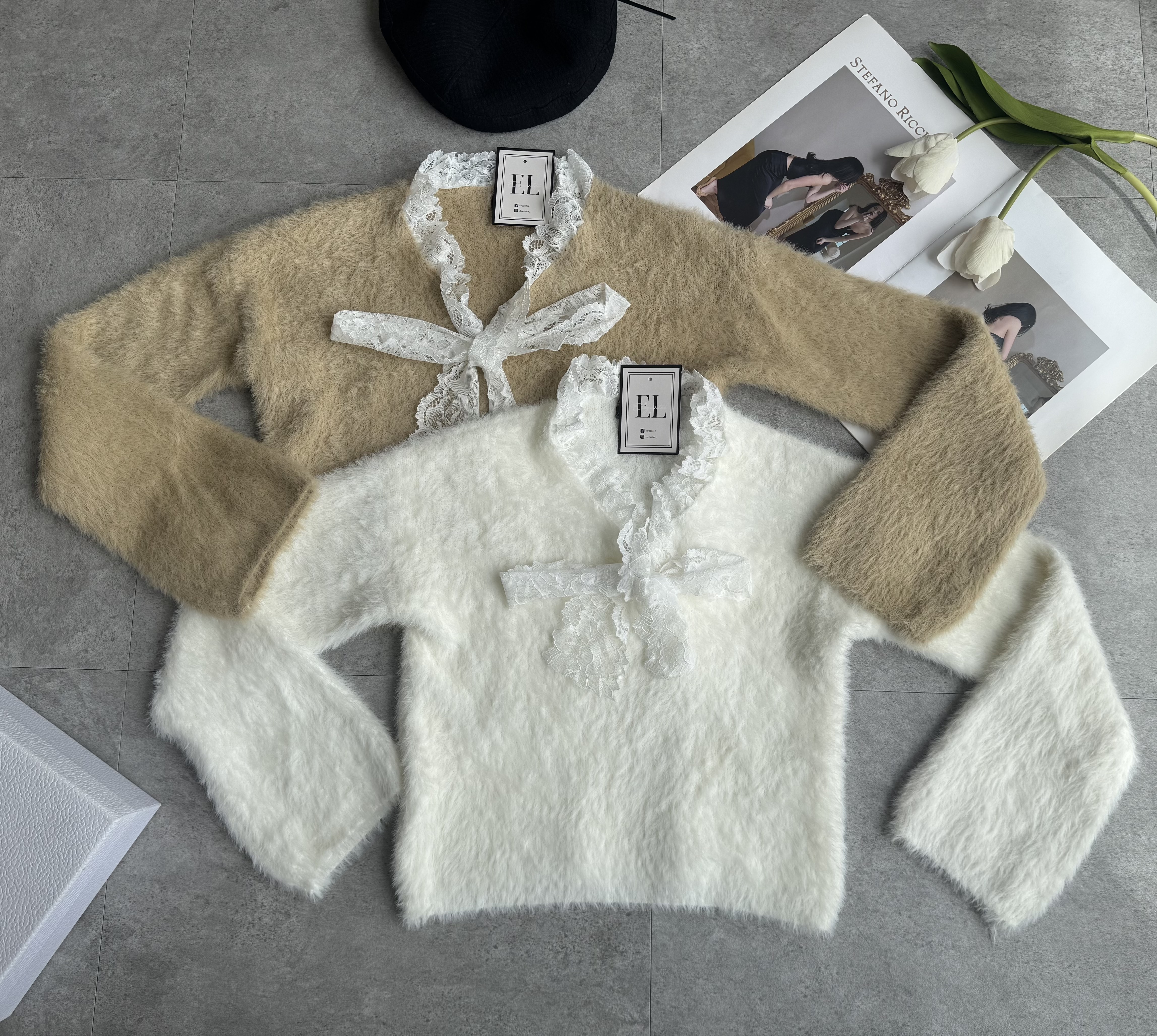 蕾丝蝴蝶结长袖毛衣