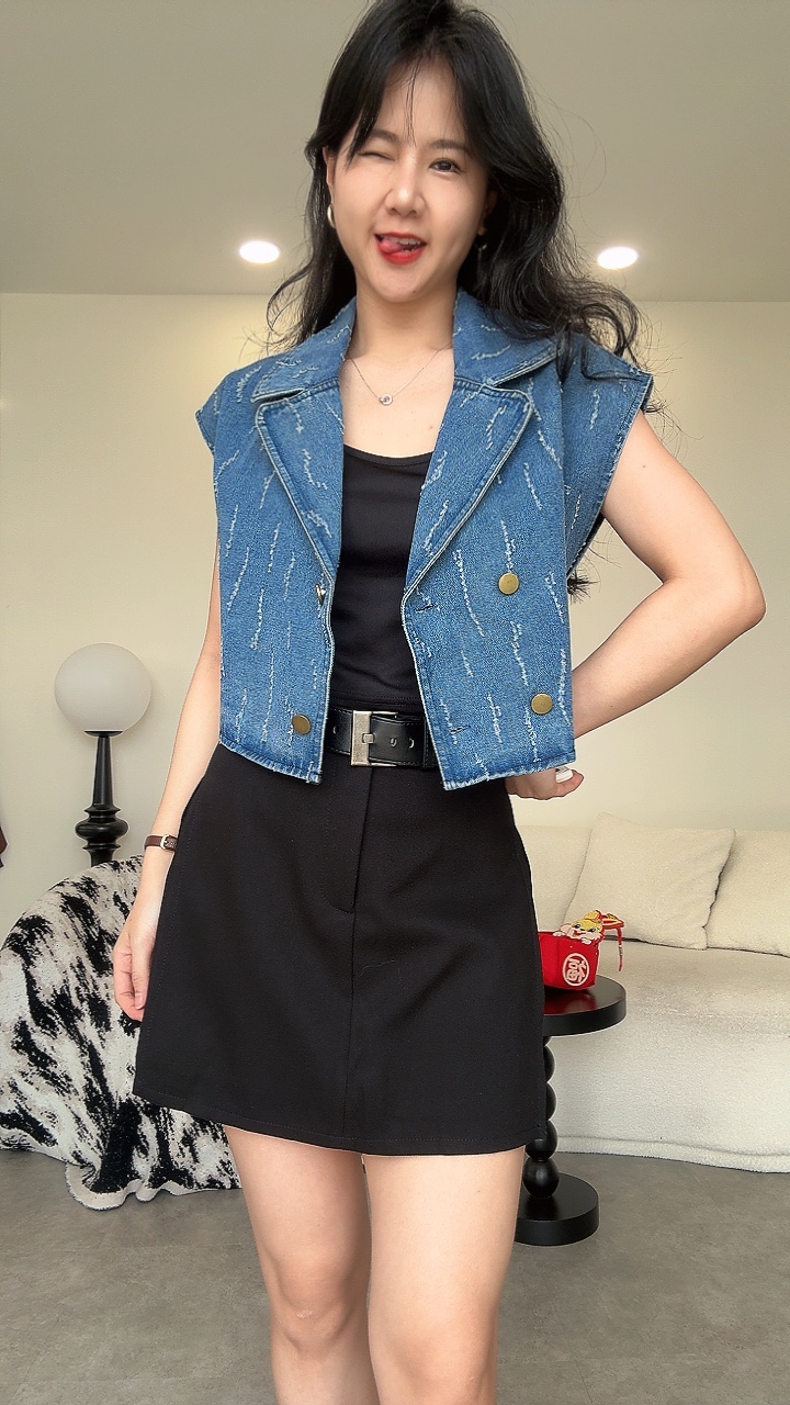 白毛条纹牛仔过肩Top 