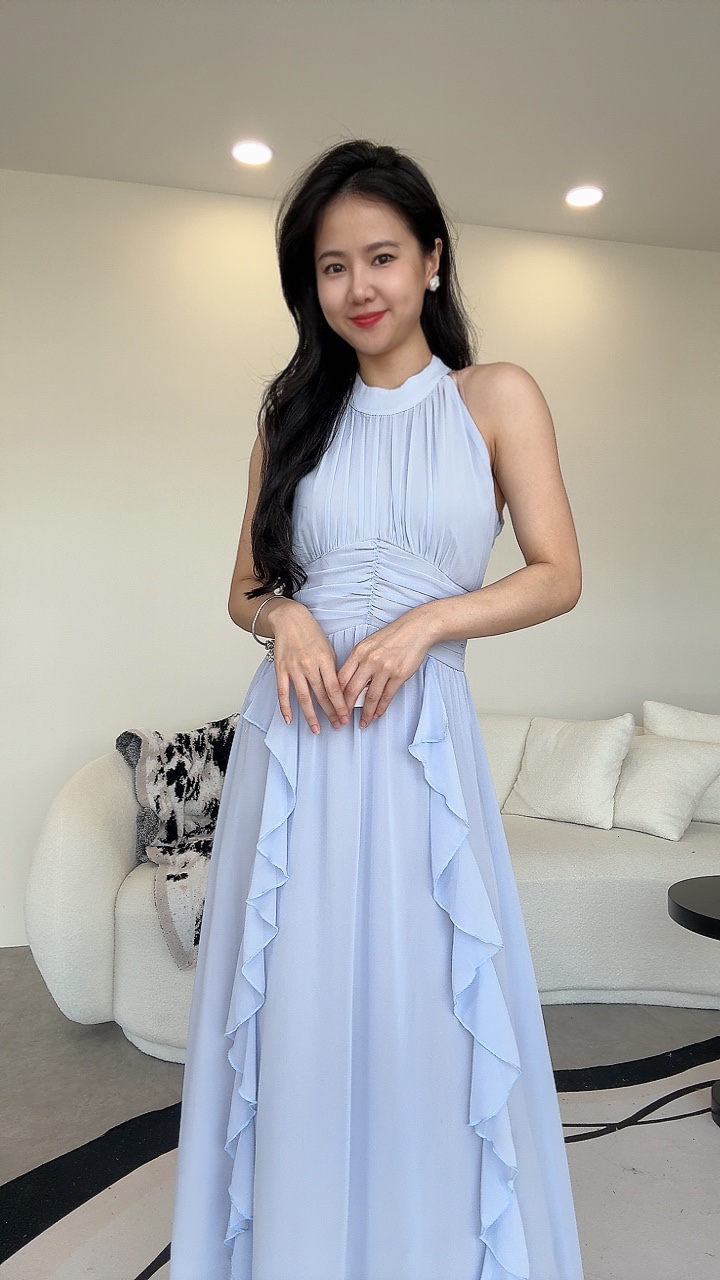 仙气挂脖雪纺连身裙