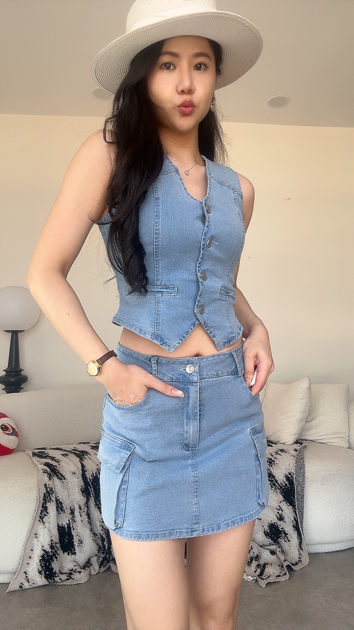 牛仔马甲短裙套装（中腰版）