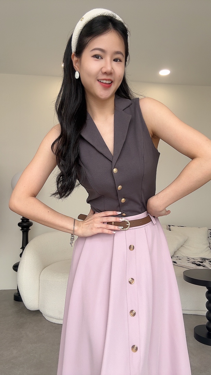 复古金扣无袖翻领Top