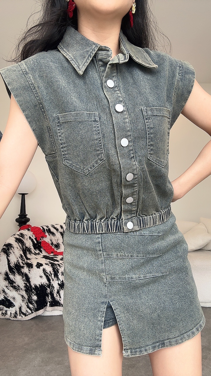 直角肩牛仔短裙套装