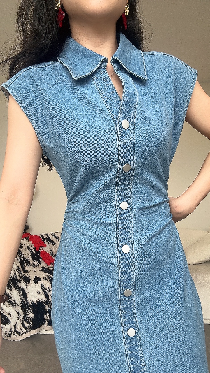 C袖收腰连身裙（牛仔｜短版）