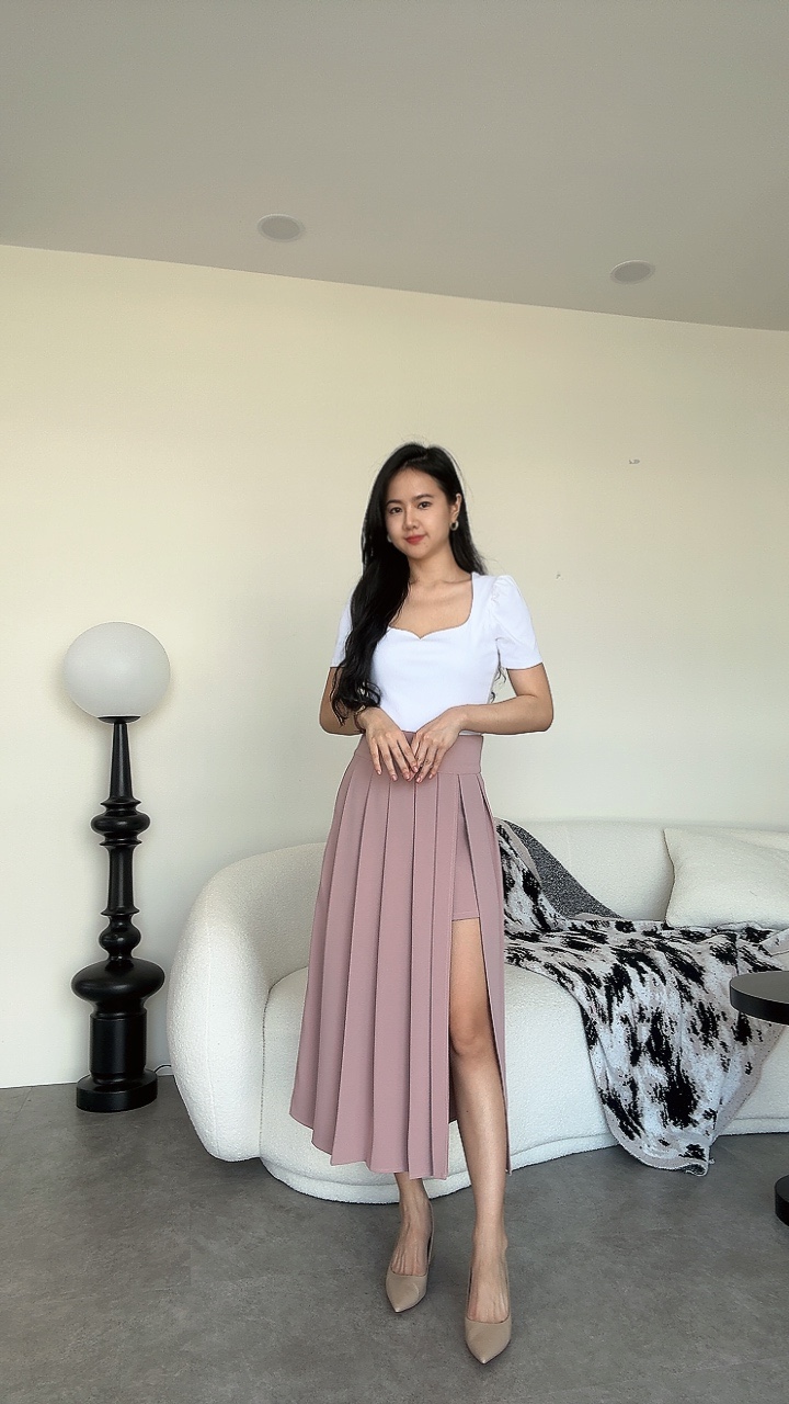 厚腰线侧边开叉长裤裙