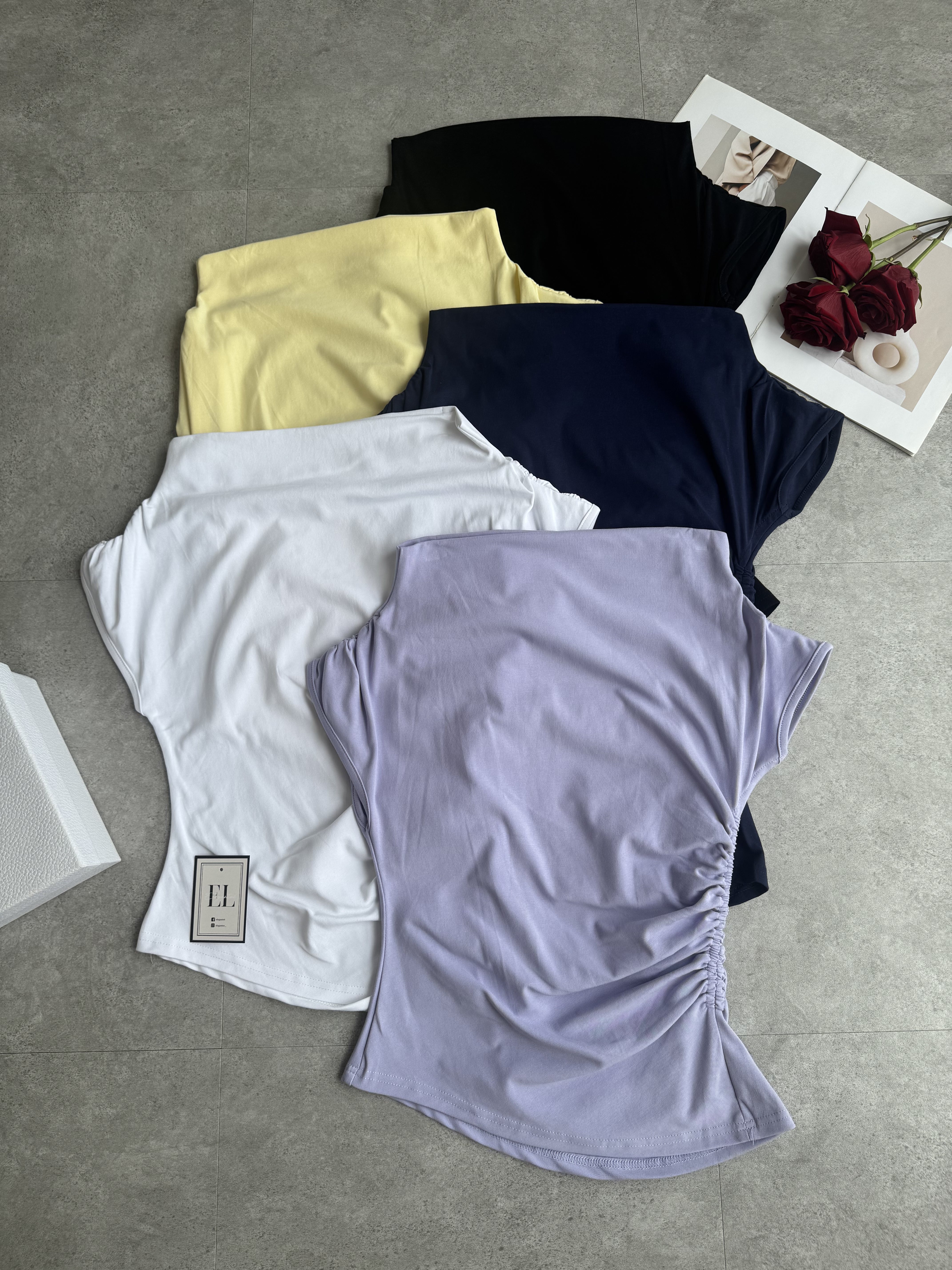 一字领小短袖腰间抽绳Top