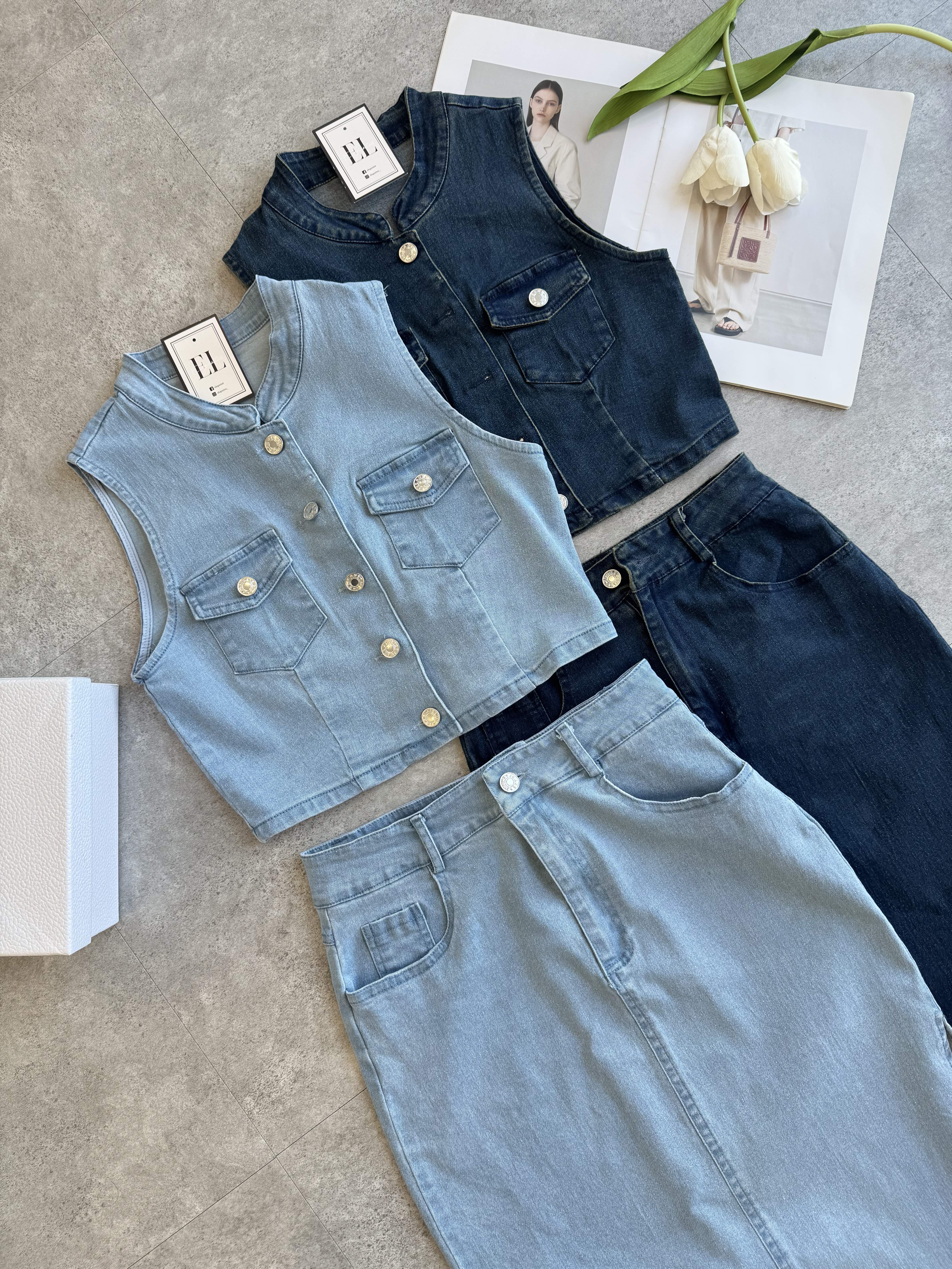 无袖马甲长裙开叉套装