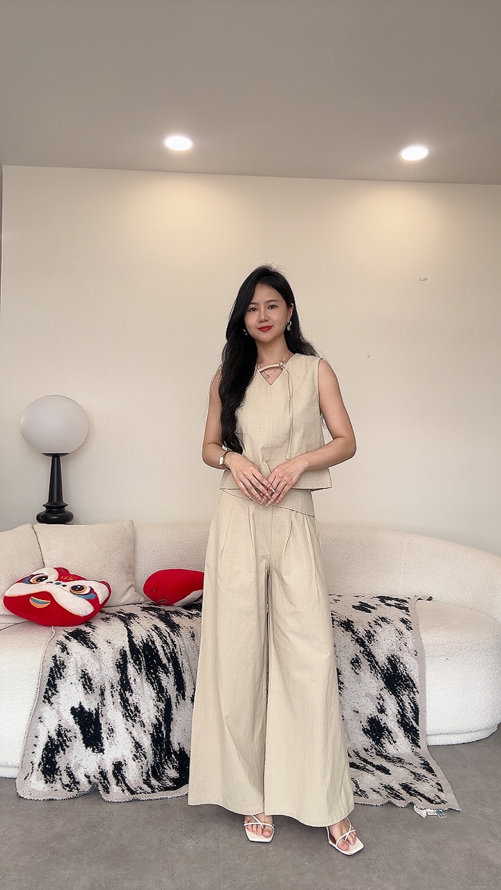 亚麻V领修饰肚肚设计长裤Set
