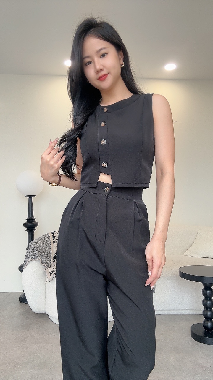 侧排纽无袖梨形版长裤套装（超高腰）