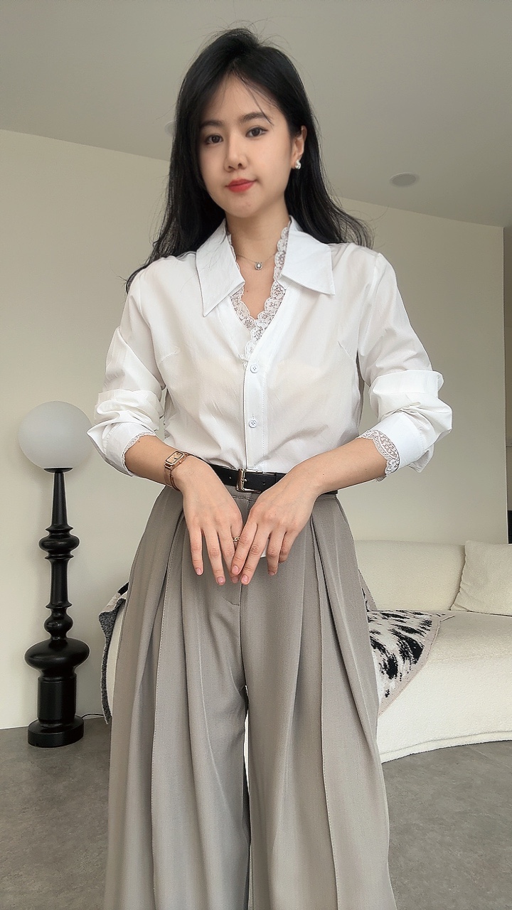 蕾丝边收腰长袖衬衫