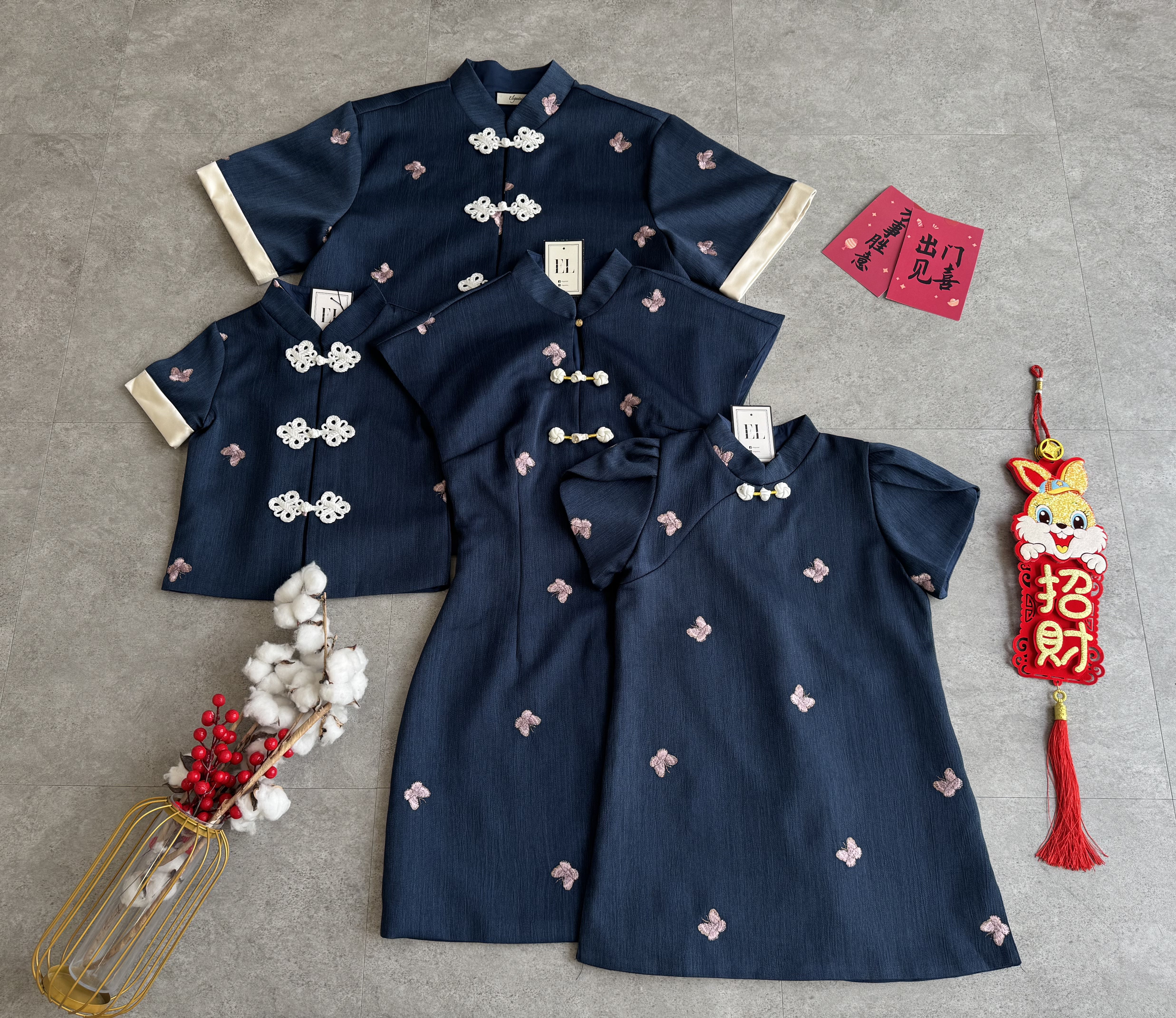 (BO-DEC) 《亲子-女》粉蝴蝶刺绣高质感纹理面料旗袍