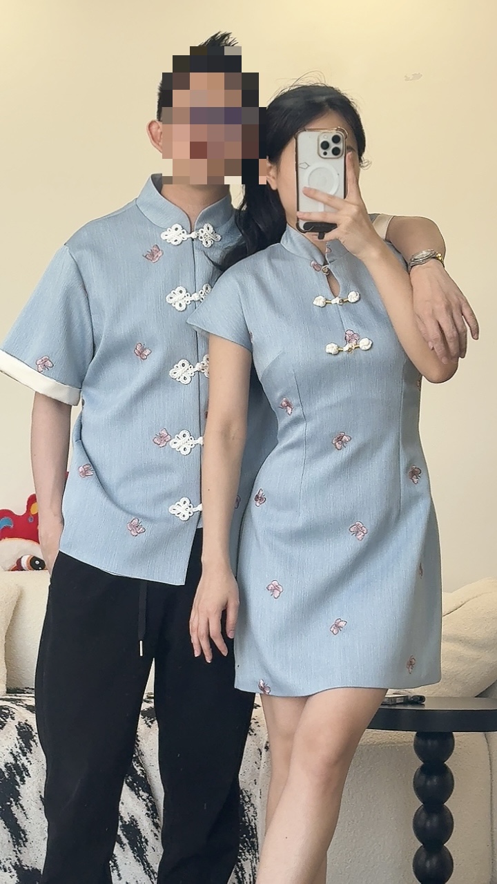 《亲子-男》粉蝴蝶刺绣高质感纹理面料唐装