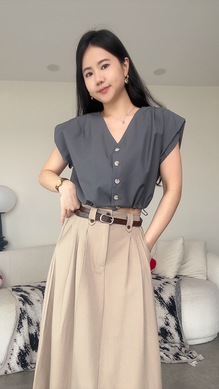 Muji风落肩袖可缩腰Top