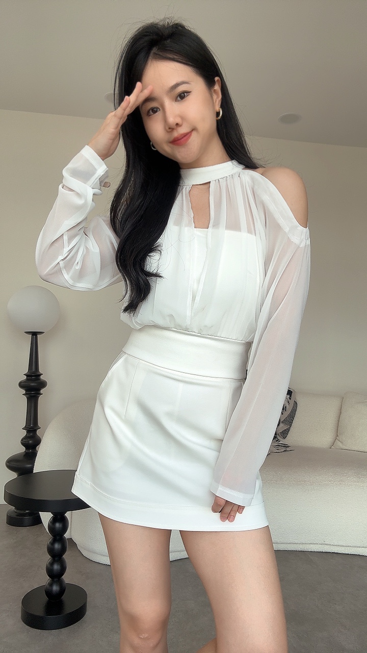 雪纺两件式漏肩长袖上衣