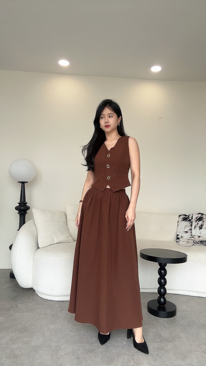  知性金扣拉链长裙套装