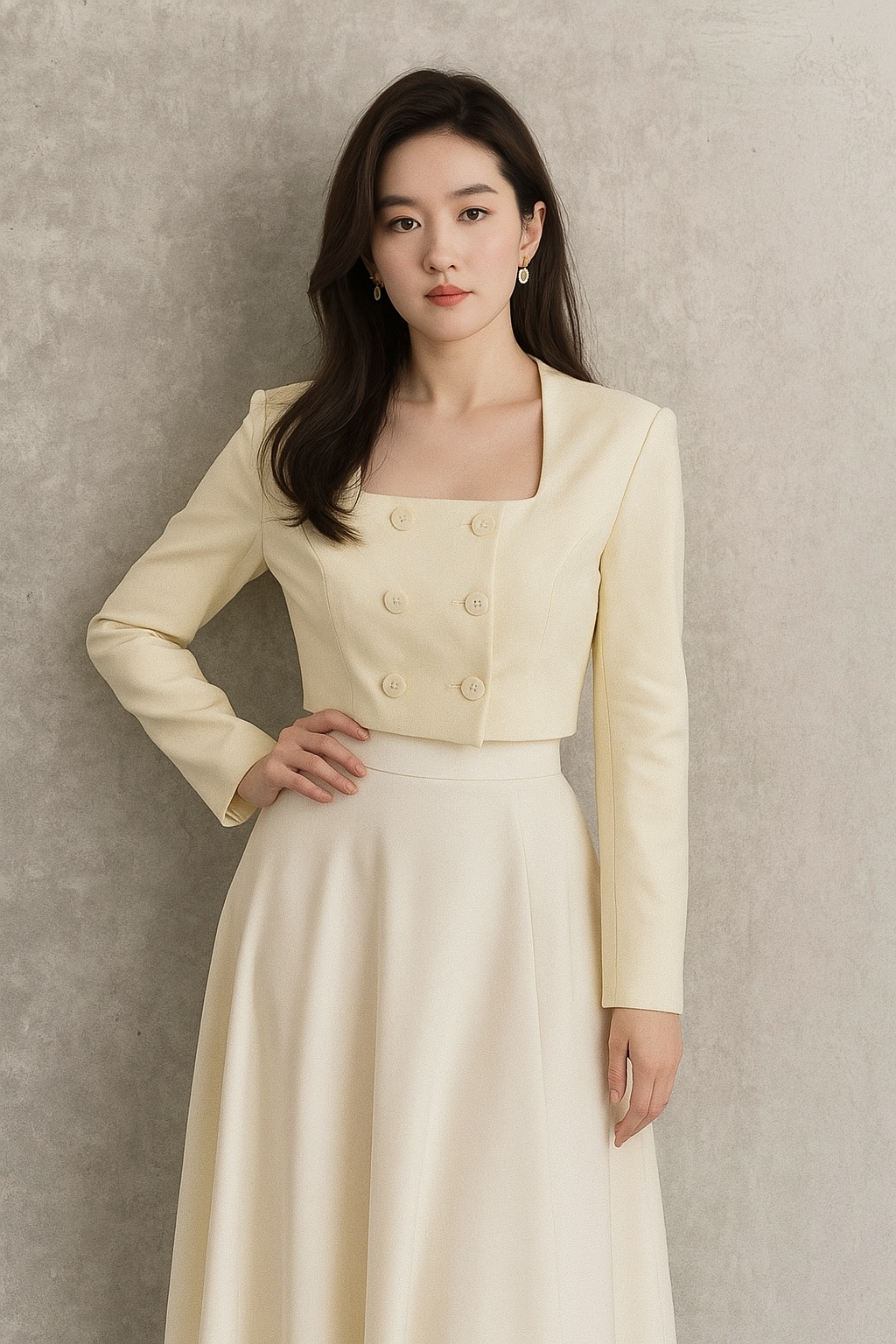 名媛风方领4扣长袖Top