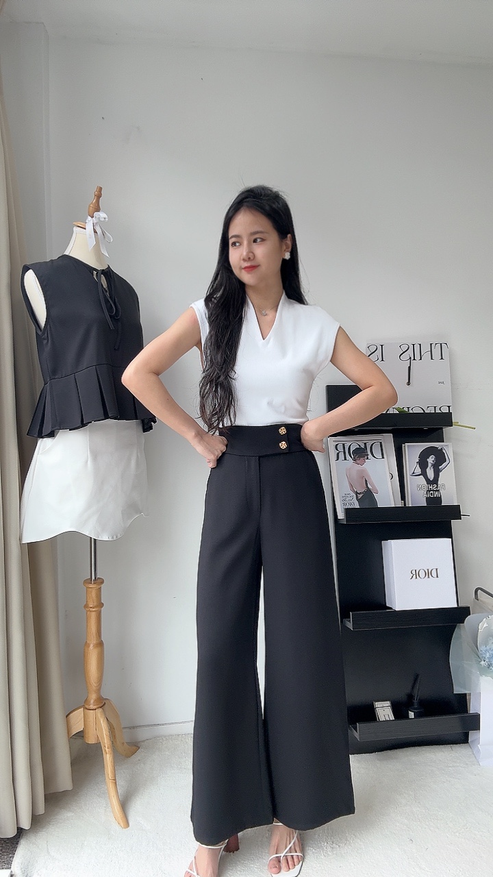 通勤金扣滑面直筒阔腿裤