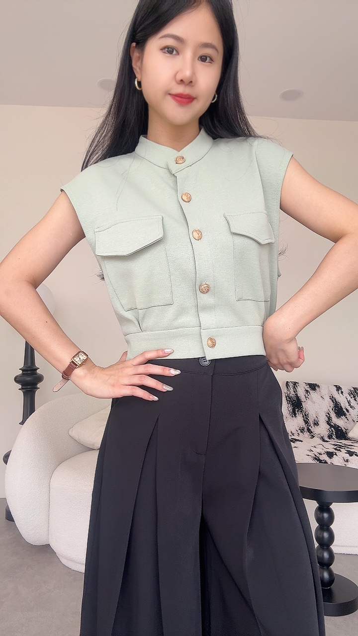 厚Cotton金扣弹性塑胶腰口袋上衣