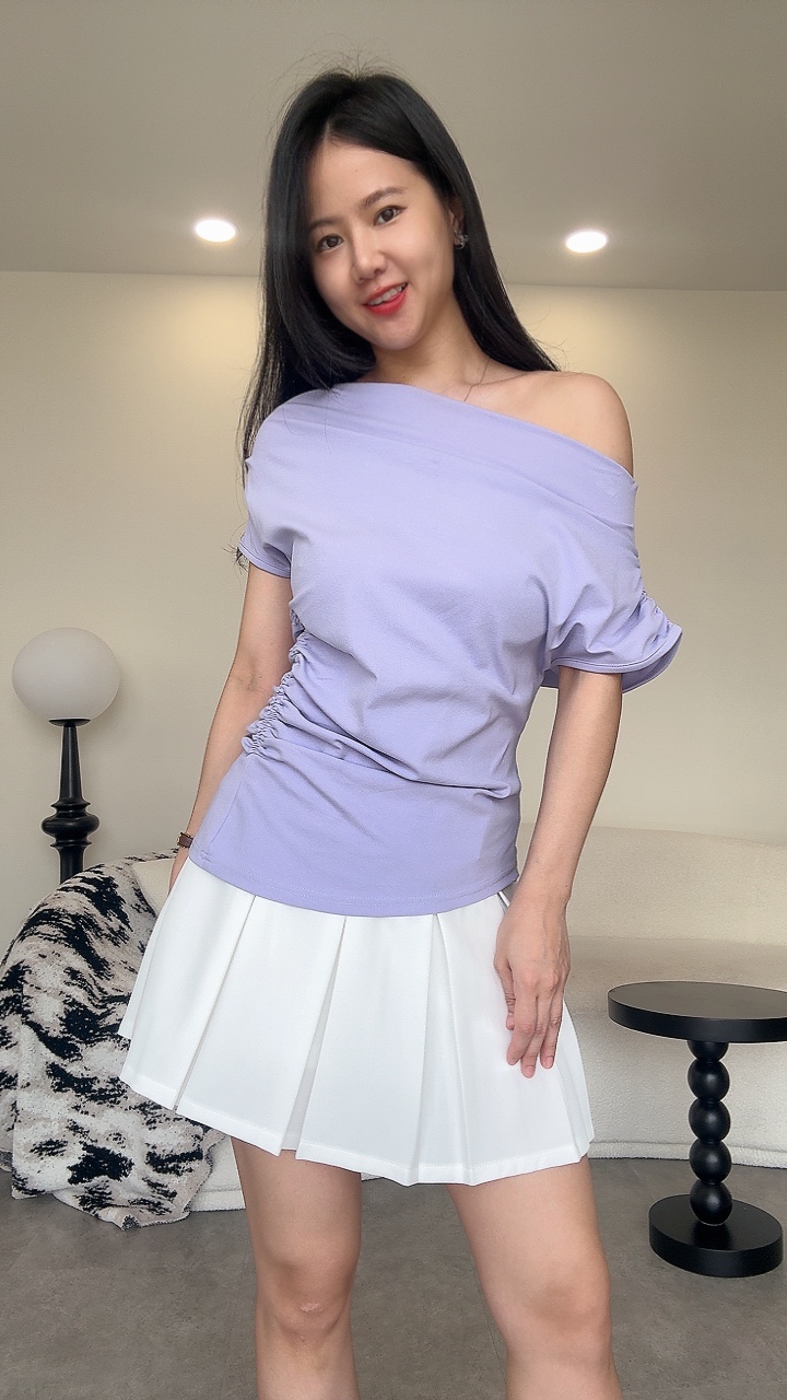 一字领小短袖腰间抽绳Top