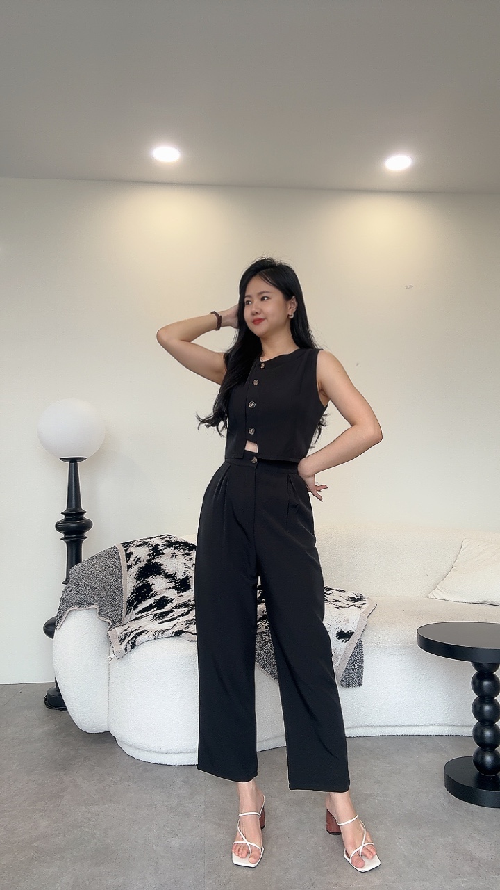 侧排纽无袖梨形版长裤套装（超高腰）