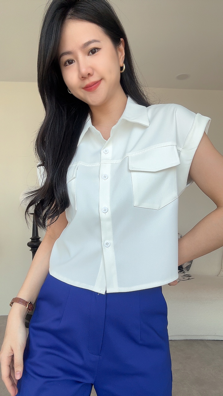 NEW滑面卷袖口袋Top