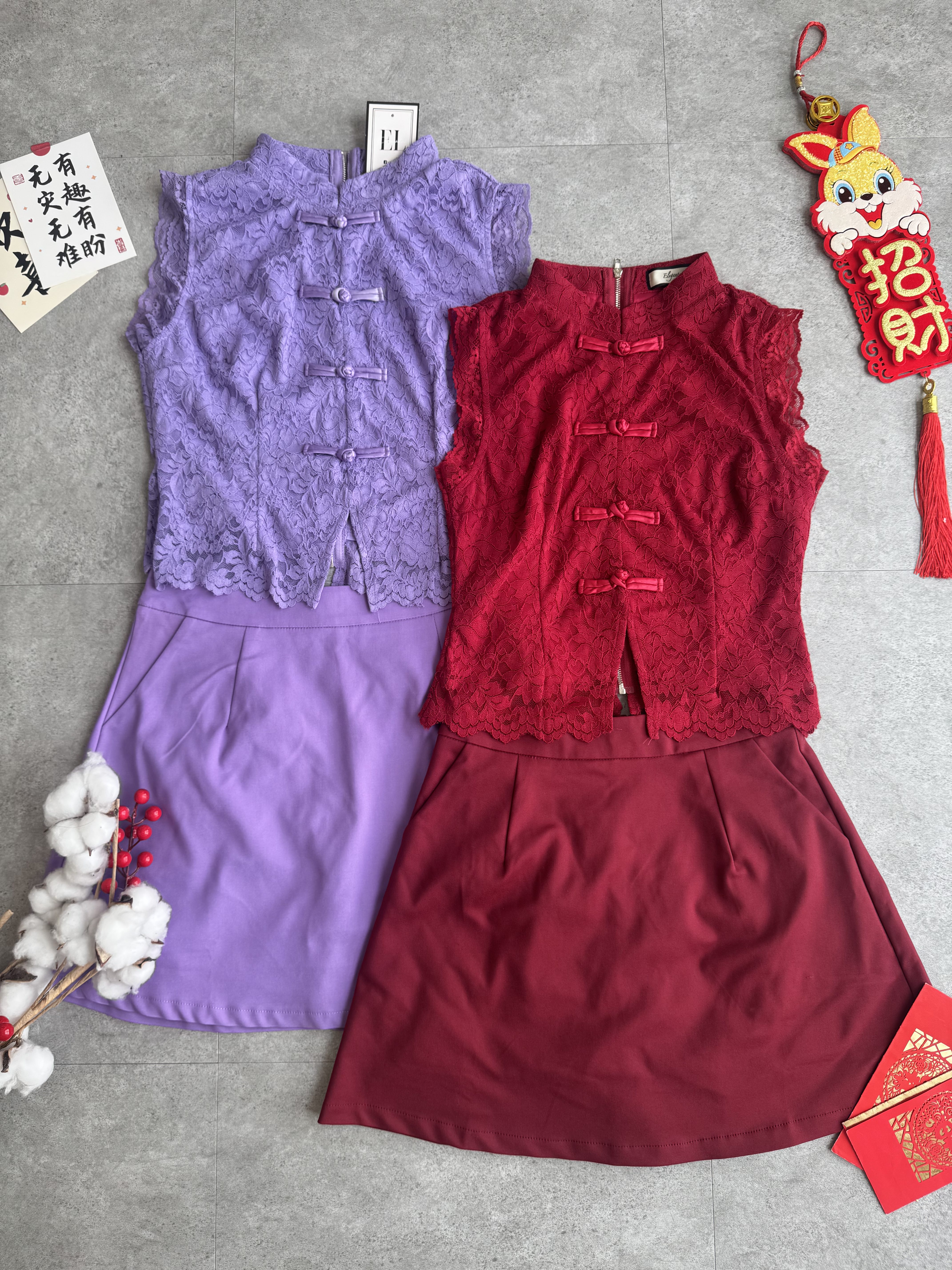 《新年》蕾丝旗袍短裙套装