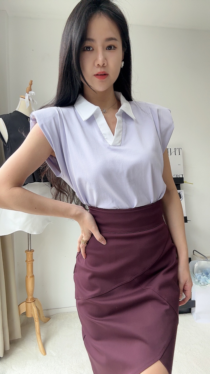 双色垫肩过袖有领上衣