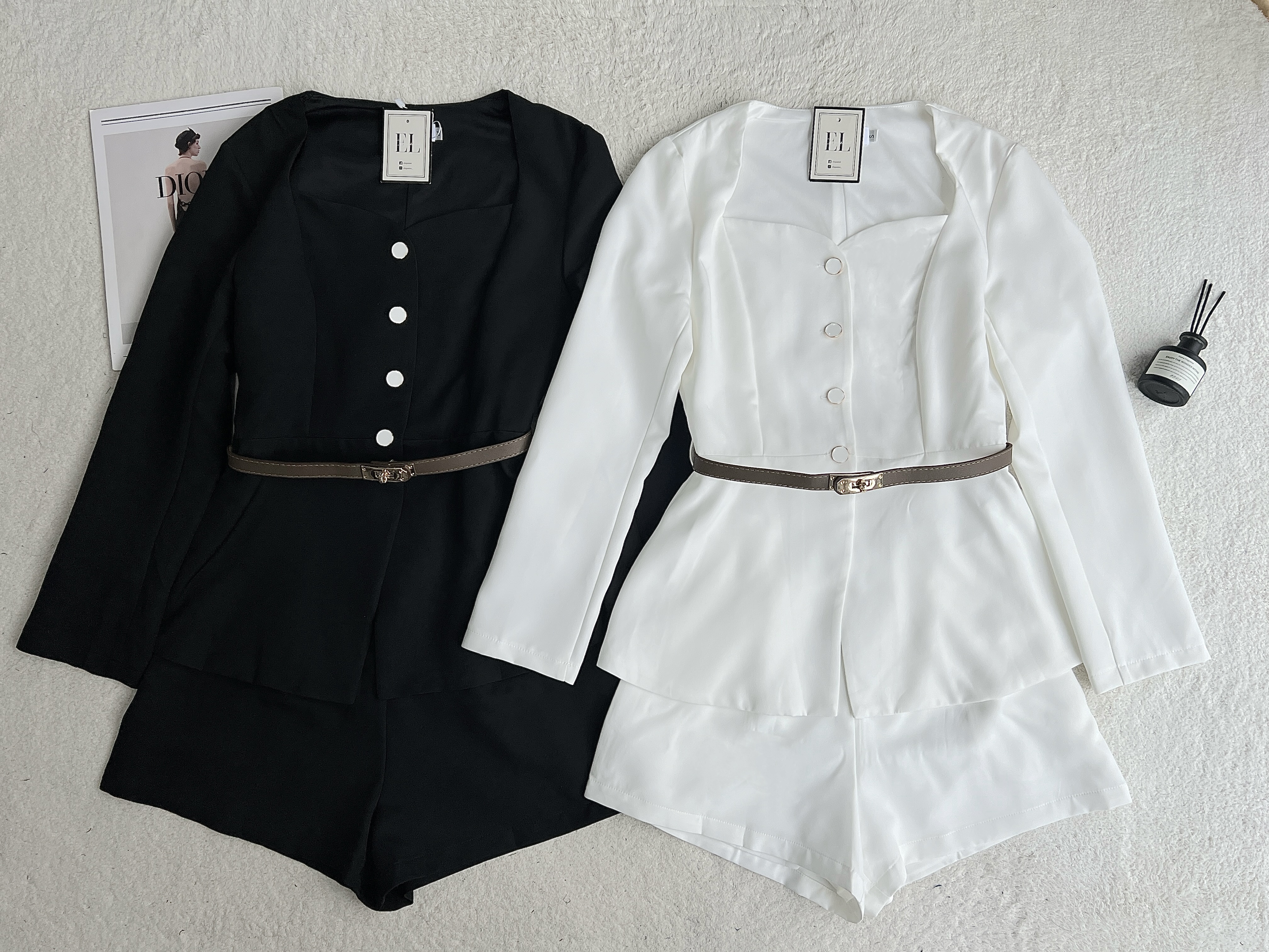 复古三角领长袖短裤套装-副送腰带