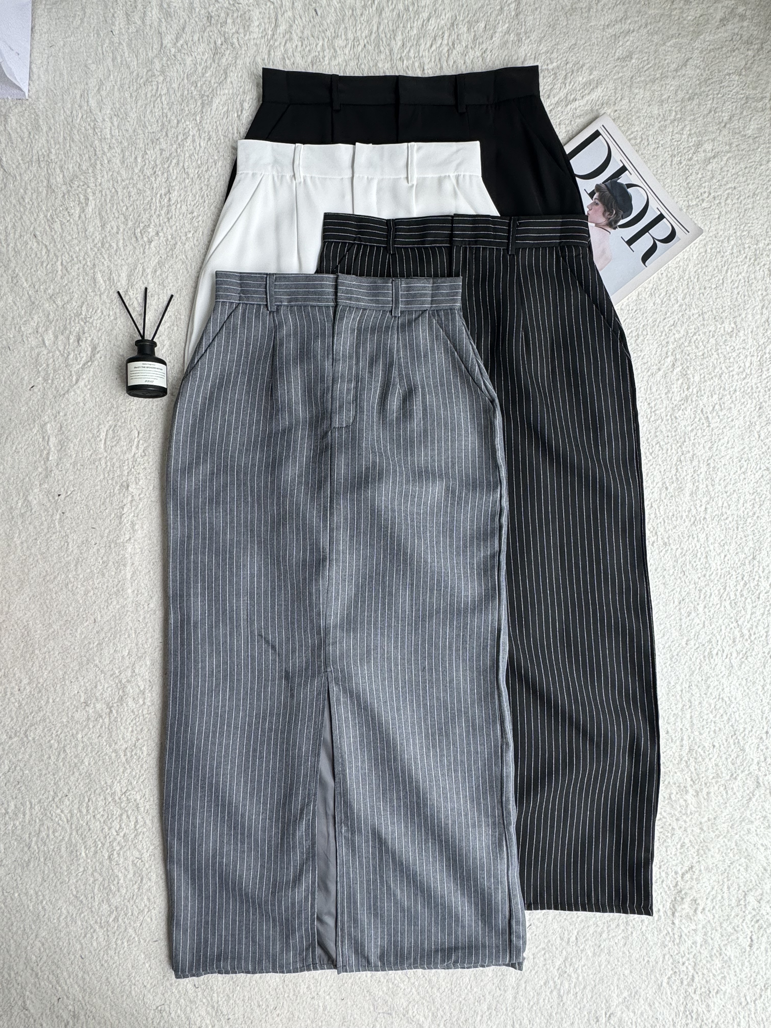 麻棉&滑面料前开叉显瘦直长裙