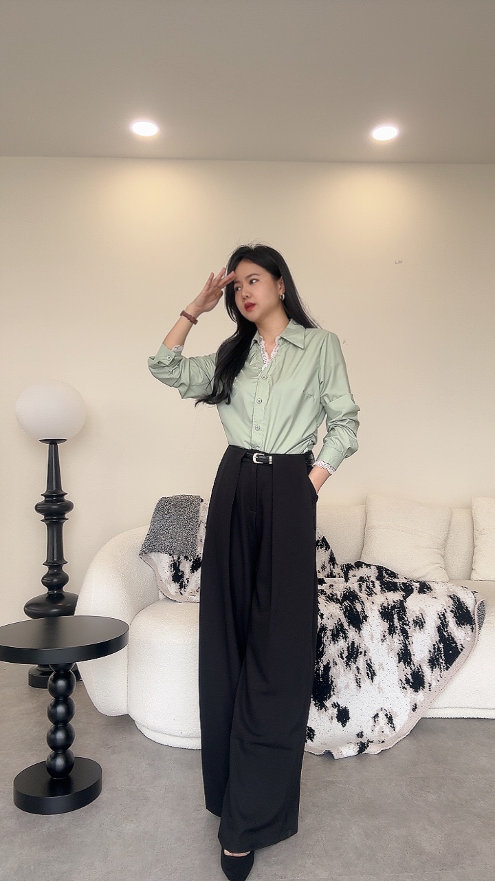 蕾丝边收腰长袖衬衫