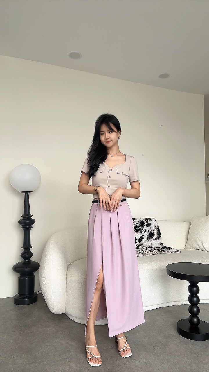 前腹皱褶斜开叉长裙-腰带