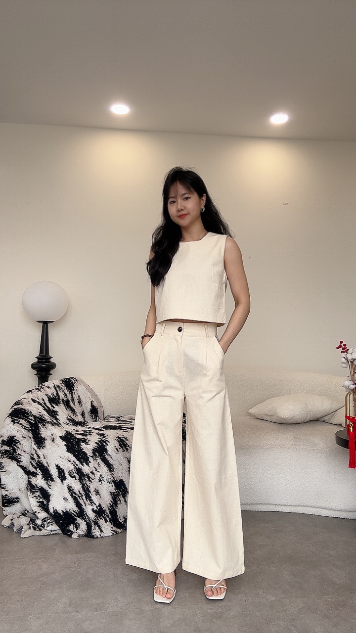 亚麻无袖阔腿裤套装